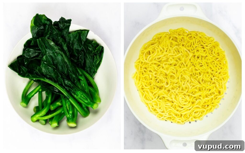 Spicy Sesame Tantanmen Ramen Recipe for Authentic Flavor 7 blanched greens and cooked ramen noodles