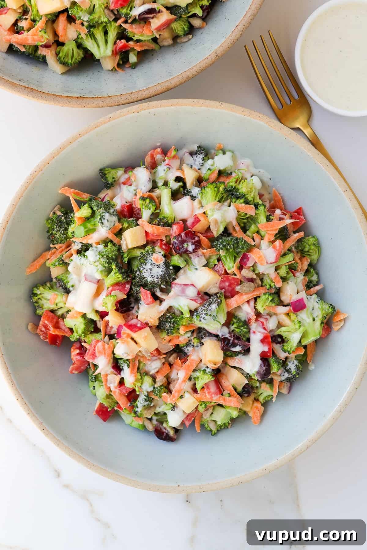 Crispy Broccoli Crunch Salad with Bacon & Tangy Dressing 3 Creamy raw broccoli salad in a bowl.