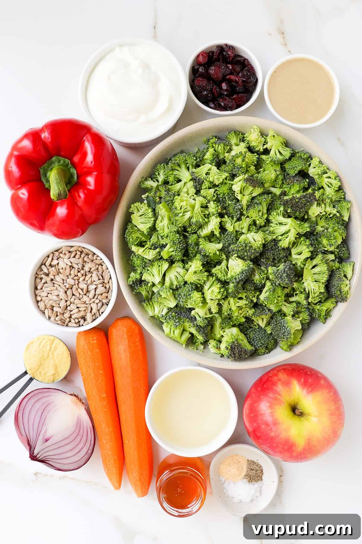 Crispy Broccoli Crunch Salad with Bacon & Tangy Dressing 4 Ingredients shown to make the broccoli crunch salad.
