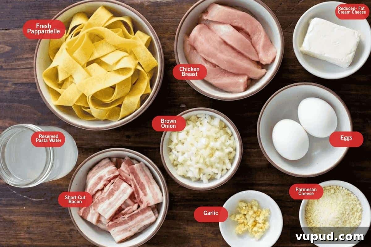 Lighter Chicken Carbonara Recipe: Creamy, Low-Calorie Comfort Meal 3 Flat lay photo of ingredient shot got light chicken carbonara (fresh pappardelle, chicken breast, reduced fat cream cheese, reserved pasta water, short cut bacon, brown onion, eggs, garlic, parmesan cheese)