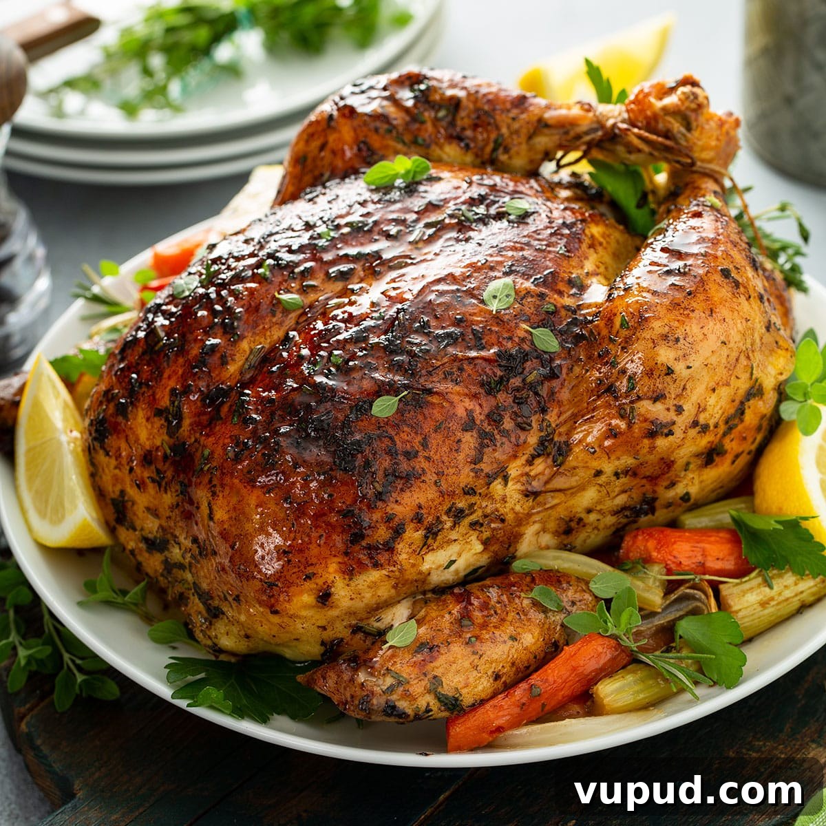 $80 Weekly Meal Plan: 5 Budget-Friendly Dinners for the Week 2 a whole roasted chicken on a white plate with roasted vegetables