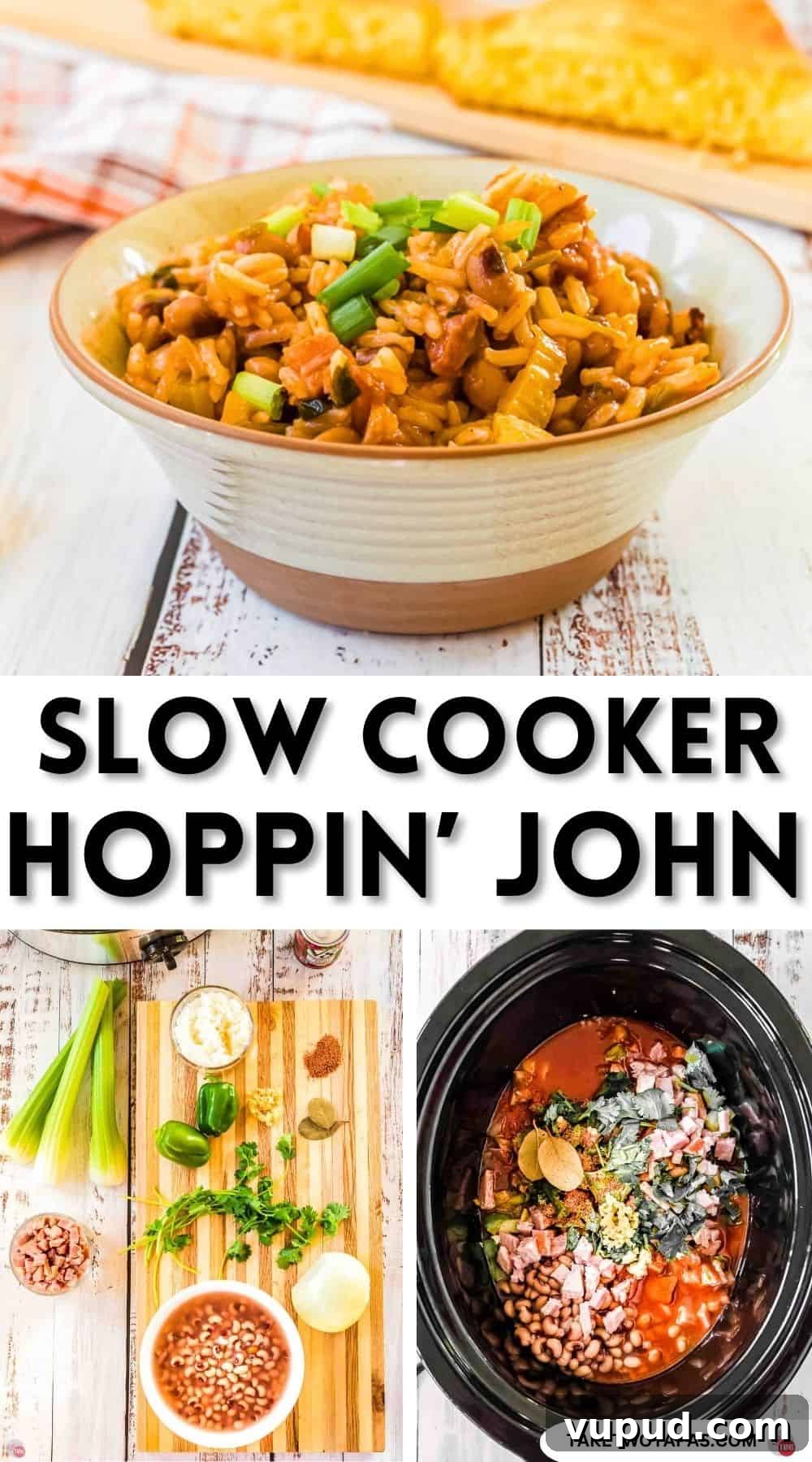 Slow Cooker Hoppin' John Recipe for Flavorful Southern Comfort 14 Pinterest pin image for slow cooker hoppin john recipe