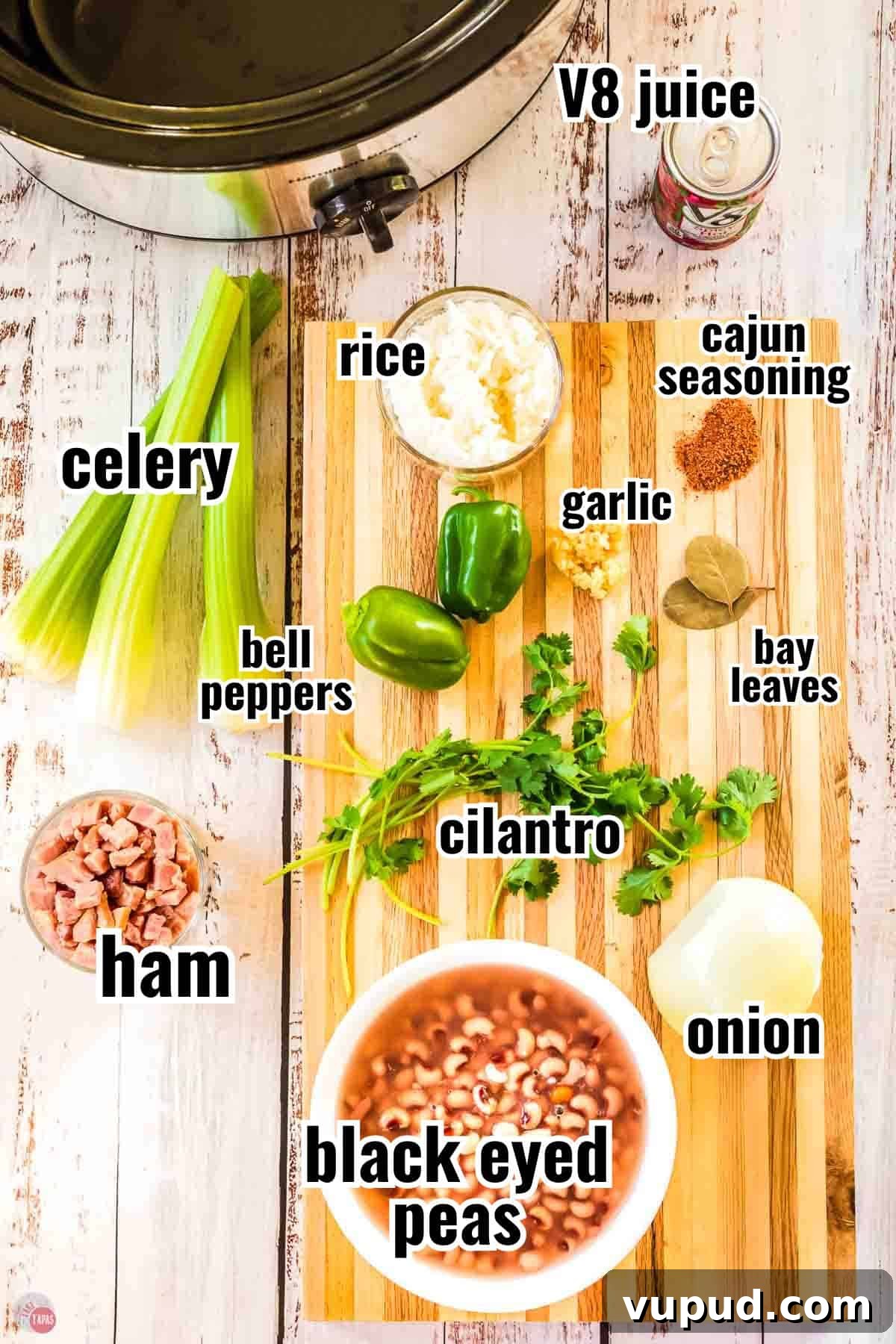 Slow Cooker Hoppin' John Recipe for Flavorful Southern Comfort 4 ingredients for a hoppin john recipe in individual bowls with text overlay labeling them