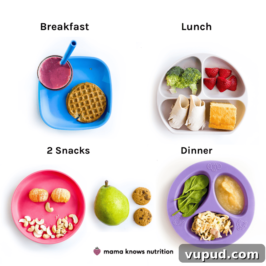 lower sodium meals Day of plated lower sodium meals and snacks for toddler on colorful plates