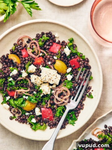 Black Lentil Salad with Feta in a bowl with a fork.
