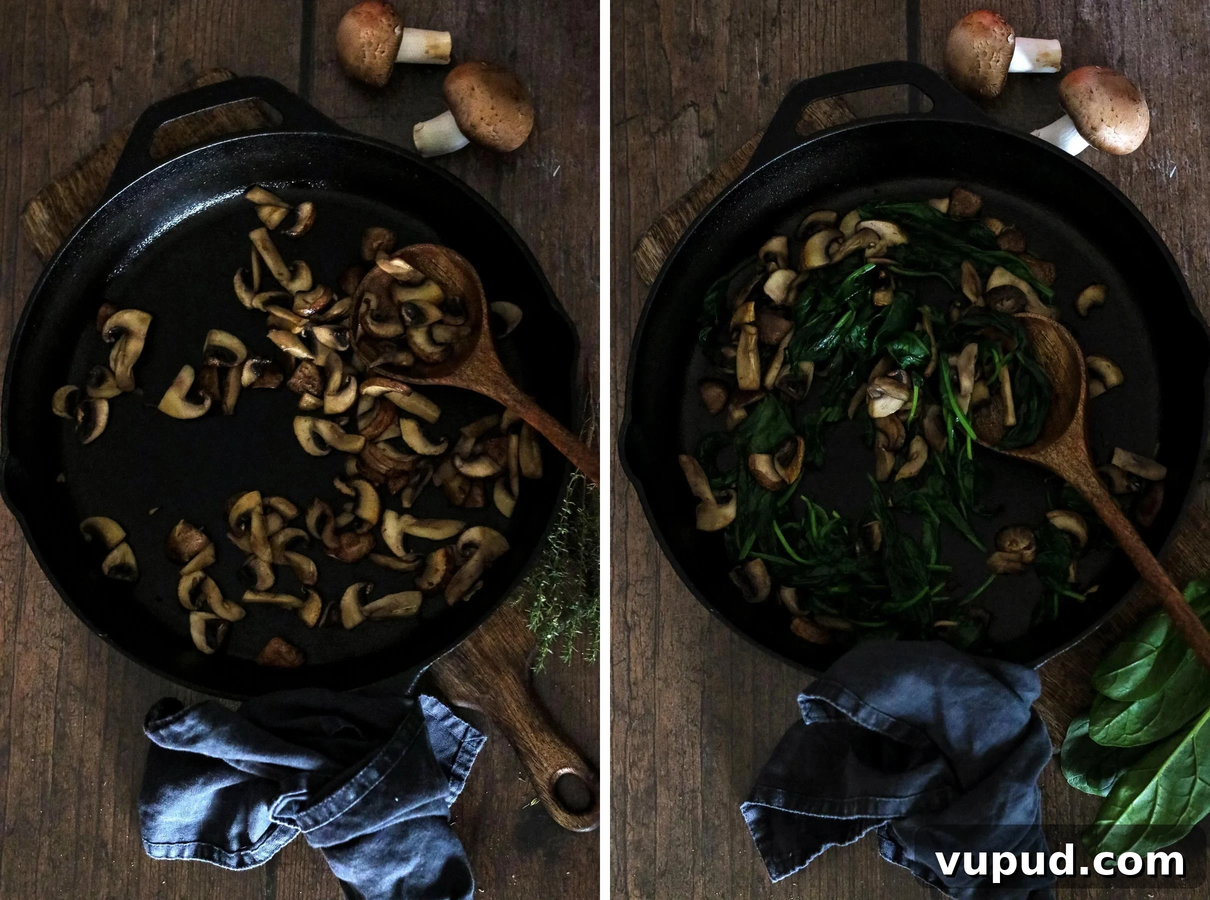 Mushrooms and Mushrooms with Spinach in a Skillet.