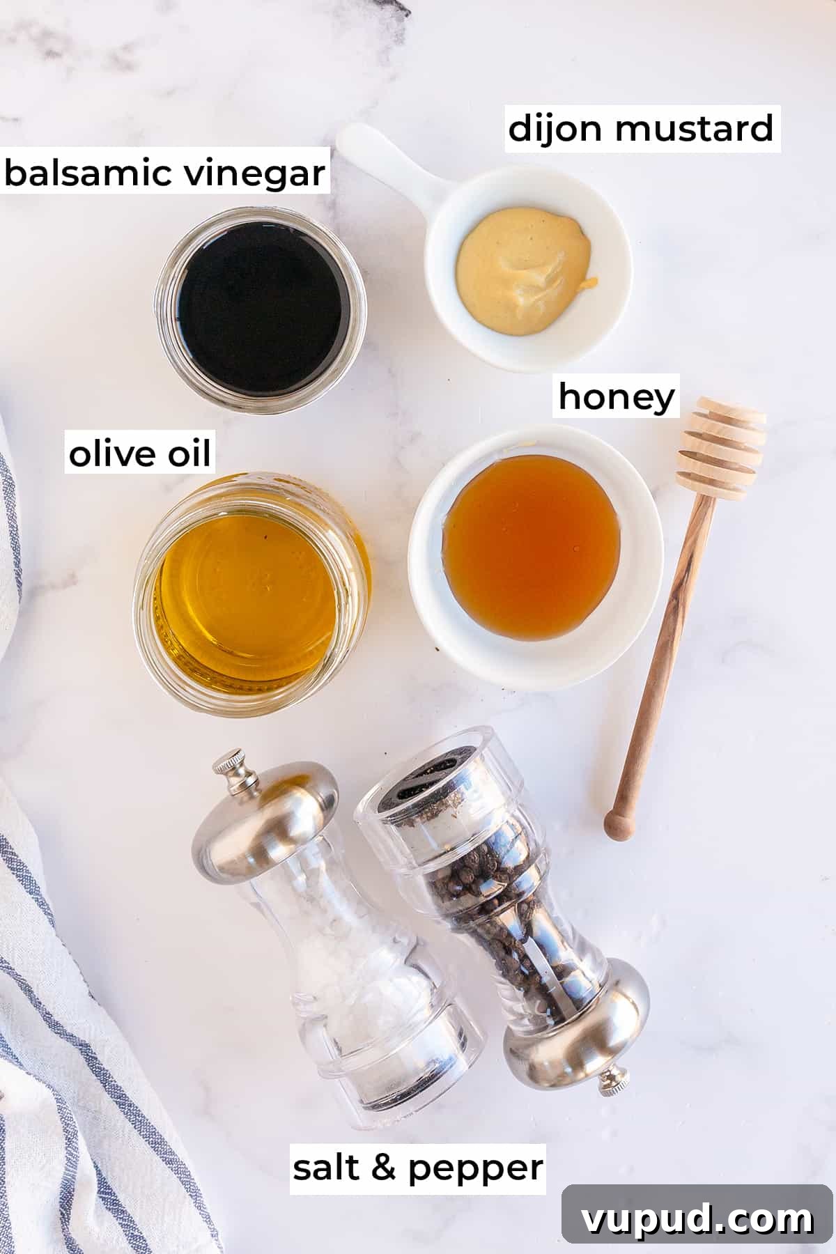 Honey Balsamic Vinaigrette Recipe for Salads and Marinades 4 All the ingredients needed to make Honey Balsamic Vinaigrette with text overlay.