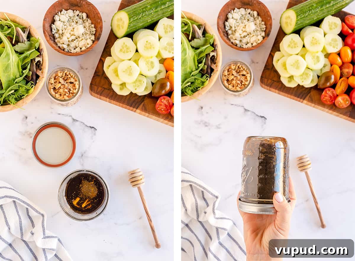 Honey Balsamic Vinaigrette Recipe for Salads and Marinades 5 Vinaigrette ingredients are shaken up in a mason jar.