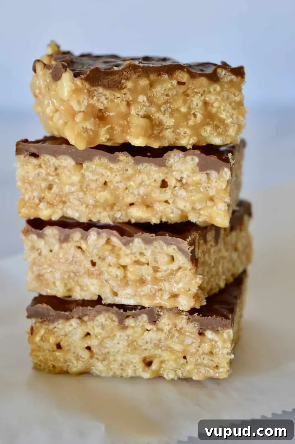 Caramel Peanut Butter Krispie Bars Without Marshmallows 3 four bars stacked on top of each other.