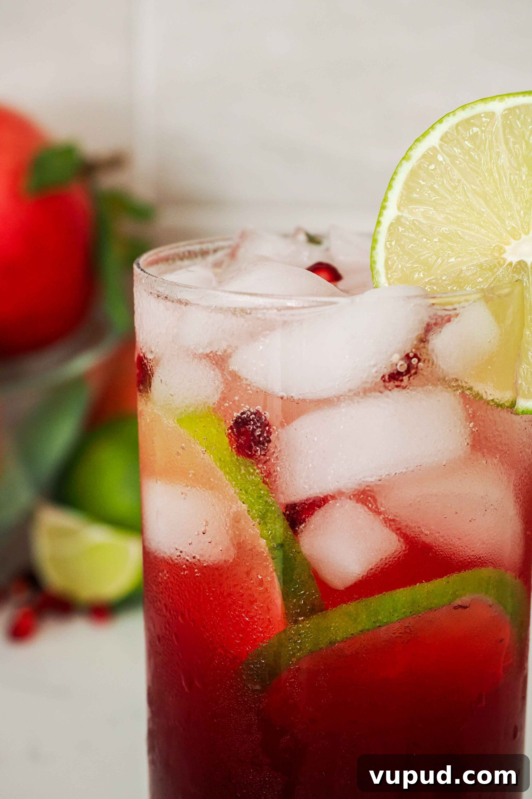 Pomegranate Mojito Recipe: Refreshing Sparkling Cocktail Guide 4 A closeup of ice and floating pomegranate arils in a tall glass of pomegranate mojito.