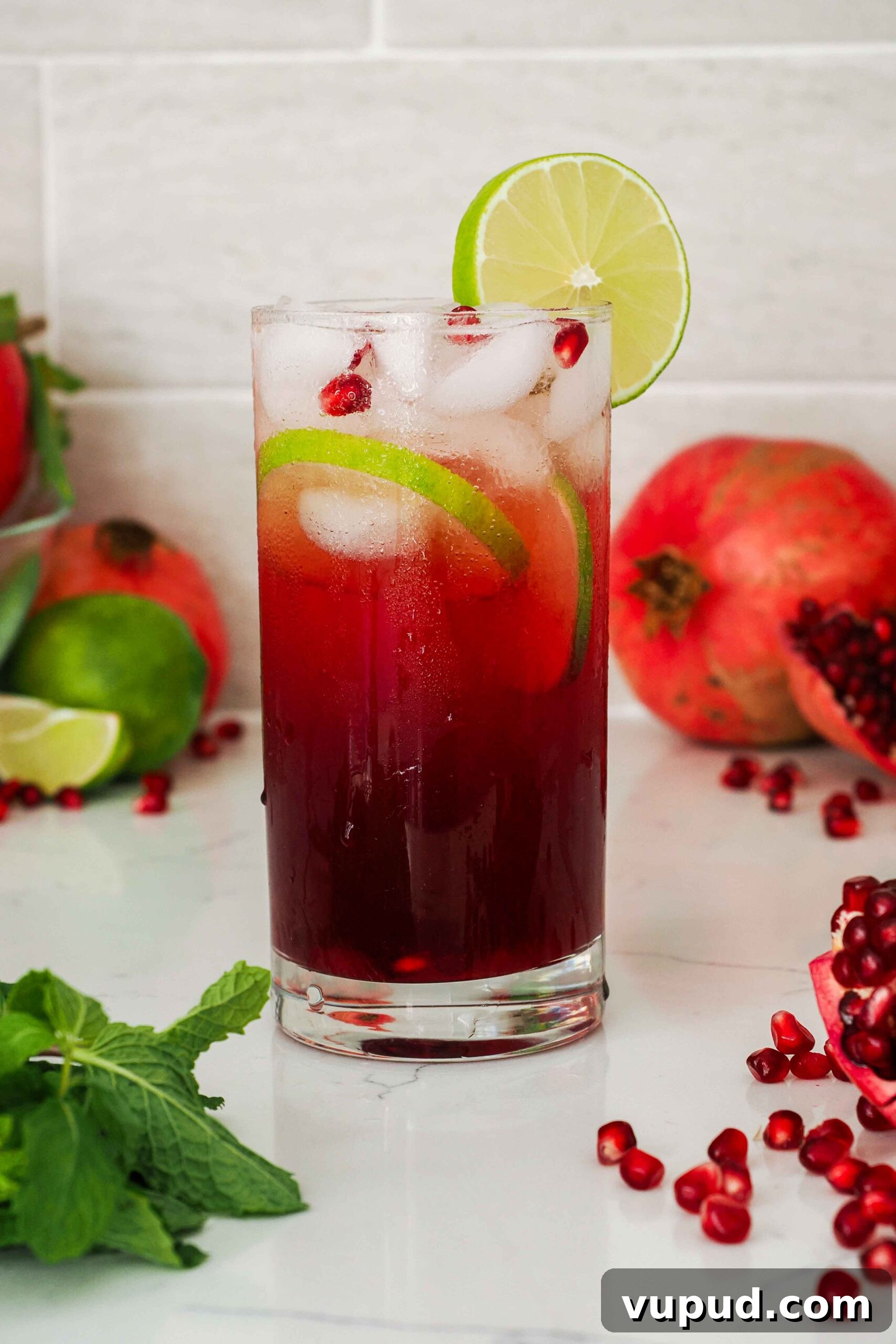 Pomegranate Mojito Recipe: Refreshing Sparkling Cocktail Guide 6 A pomegranate mojito in a tall glass with a lime wheel.