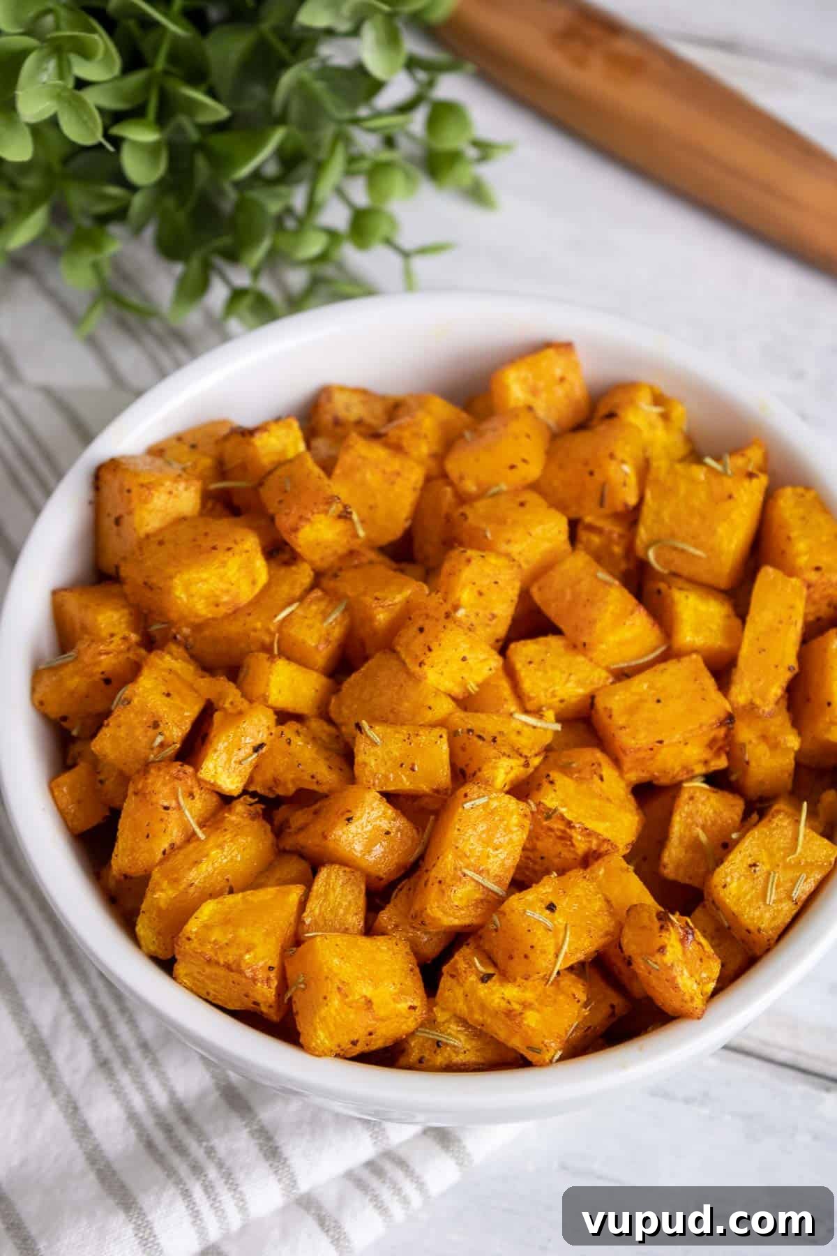Crispy Air Fryer Butternut Squash Recipe: Quick Roasted Cubes 2 Air Fryer Butternut Squash cubes in a serving bowl.