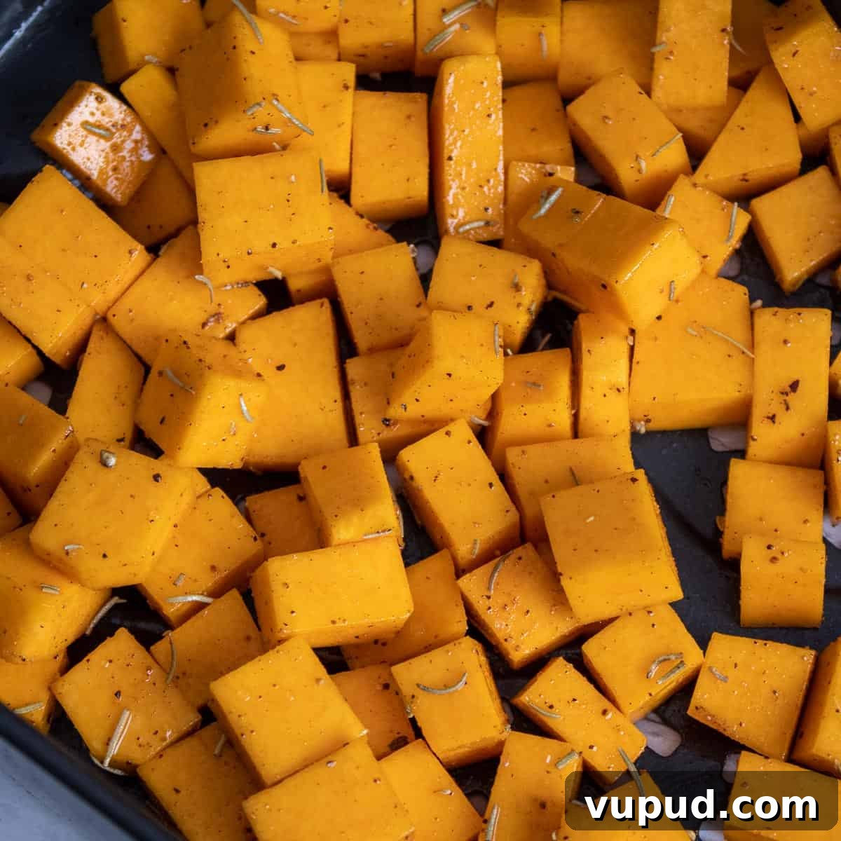 Crispy Air Fryer Butternut Squash Recipe: Quick Roasted Cubes 6 Seasoned and cubed squashed in an air fryer basket.