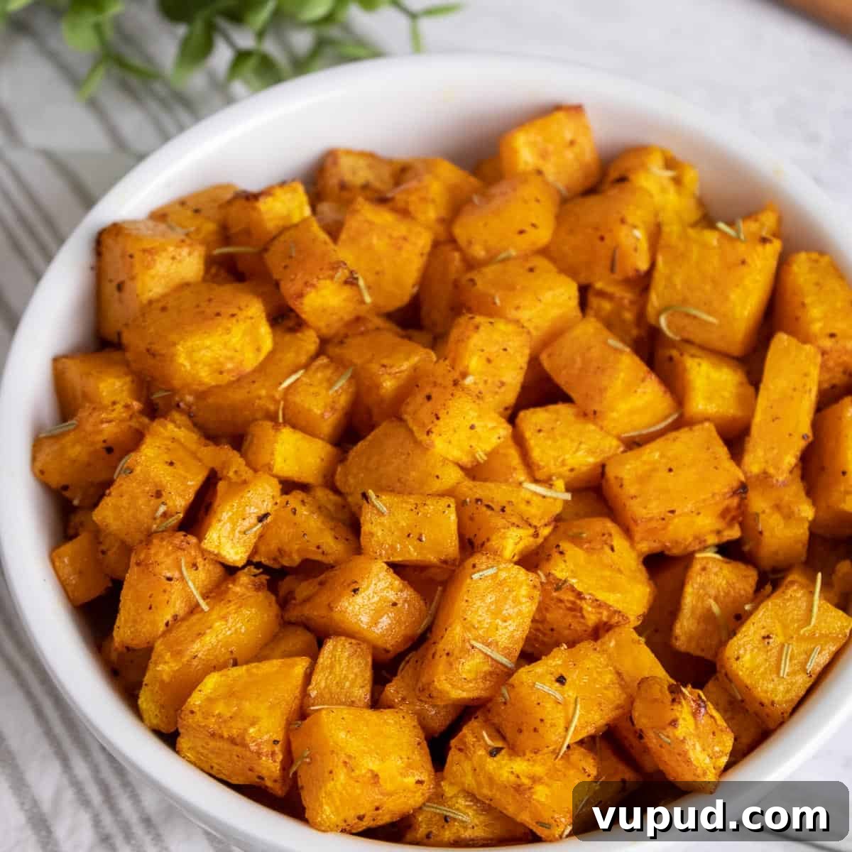 Crispy Air Fryer Butternut Squash Recipe: Quick Roasted Cubes 8 Close up of air fryer butternut squash in a bowl ready to be eaten.