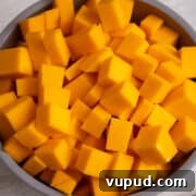 Crispy Air Fryer Butternut Squash Recipe: Quick Roasted Cubes 10 Cubed butternut squash in a mixing bowl.