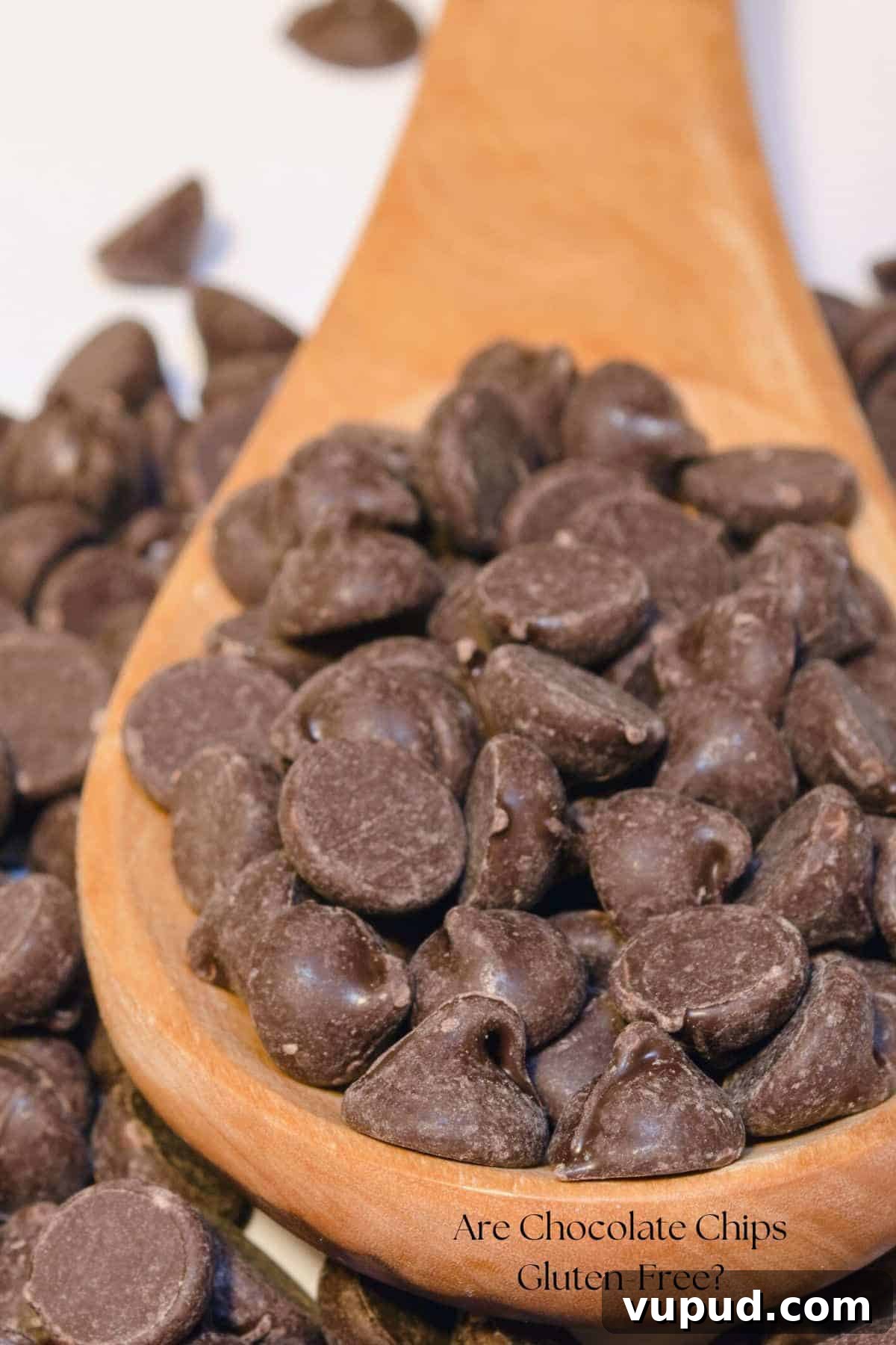 Are Chocolate Chips Gluten-Free? Top GF Brands and What to Watch For 2 A wooden spoon full of chocolate chips.
