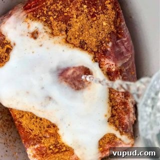 Slow Cooker Pork Roast with Garlic and Herbs 6 Square feature image of a pork butt roast sitting in a slow cooker and sprinkled with seasoning while a sugar free soda is being poured over the top
