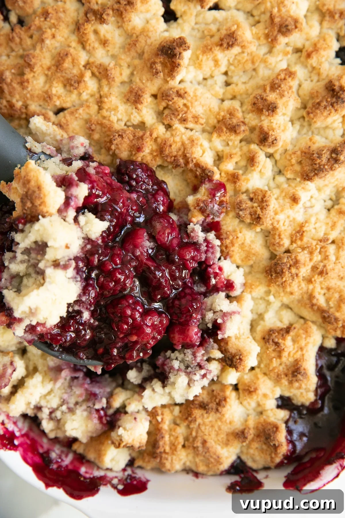 Classic Blackberry Cobbler Recipe: Sweet, Juicy, Homemade Dessert 9 Close up of a rubber spatula digging into a blackberry cobbler.