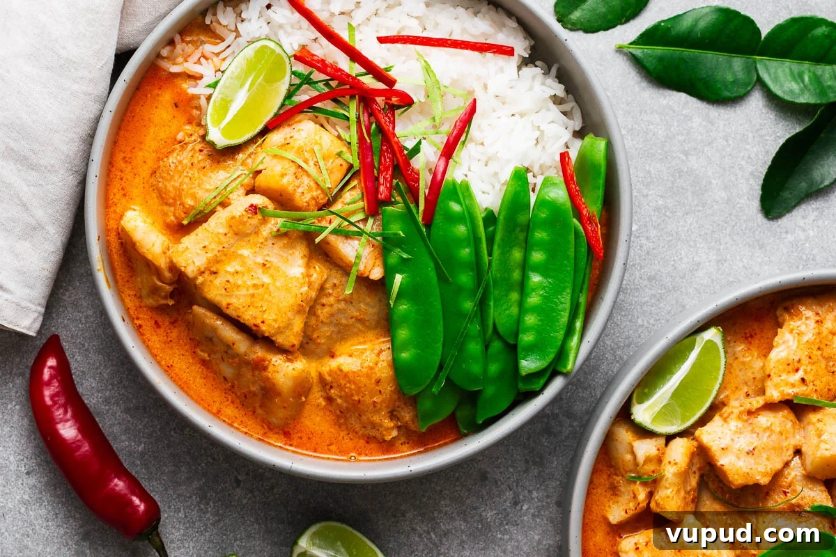 Authentic Thai Red Curry with Fish: Quick Flavorful Recipe 10 White fish cooked in a Thai red curry sauce with coconut milk served on steamed white rice.