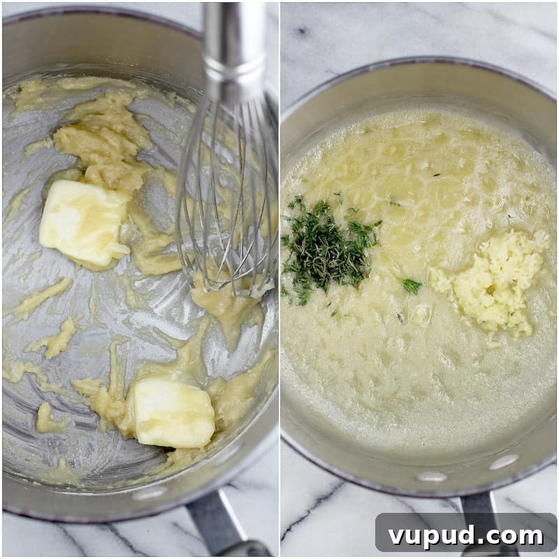 Garlic, Bacon & Beer Macaroni and Cheese Recipe 4 collage of 2 photos; butter and flour to make the roux; then adding the thyme and garlic (top down view)