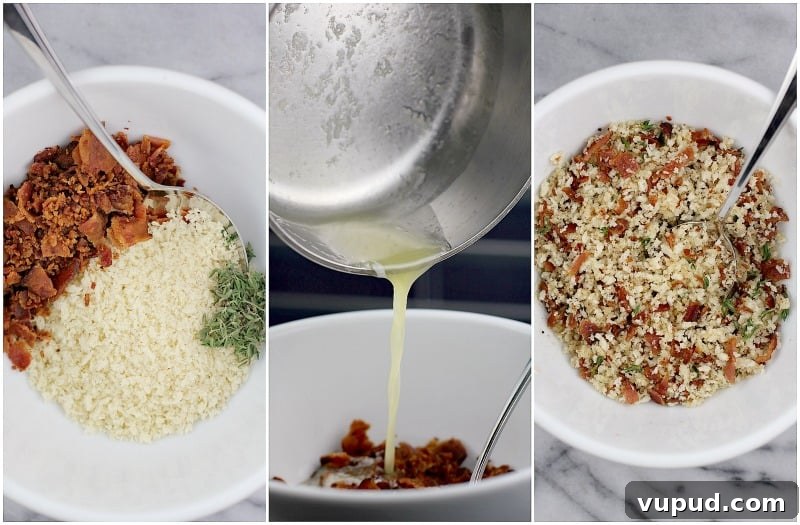 Garlic, Bacon & Beer Macaroni and Cheese Recipe 9 collage of three photos: bacon, panko, and thyme in a white bowl; side view of melted butter pouring into the bowl; combined ingredients with a spoon in a white bowl to show the finished topping