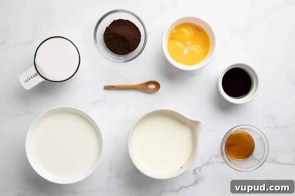 Homemade Espresso Ice Cream Recipe: Rich Coffee Gelato at Home 3 Heavy cream, espresso powder, egg yolks, vanilla, coffee liqueur, sugar and salt in dishes set up on a counter.