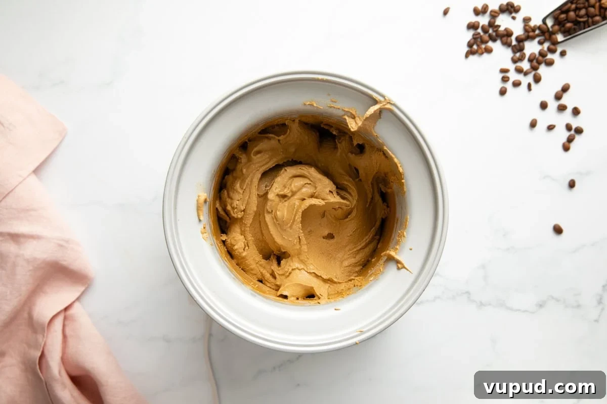 Homemade Espresso Ice Cream Recipe: Rich Coffee Gelato at Home 6 Finished churned espresso ice cream in an ice cream maker.