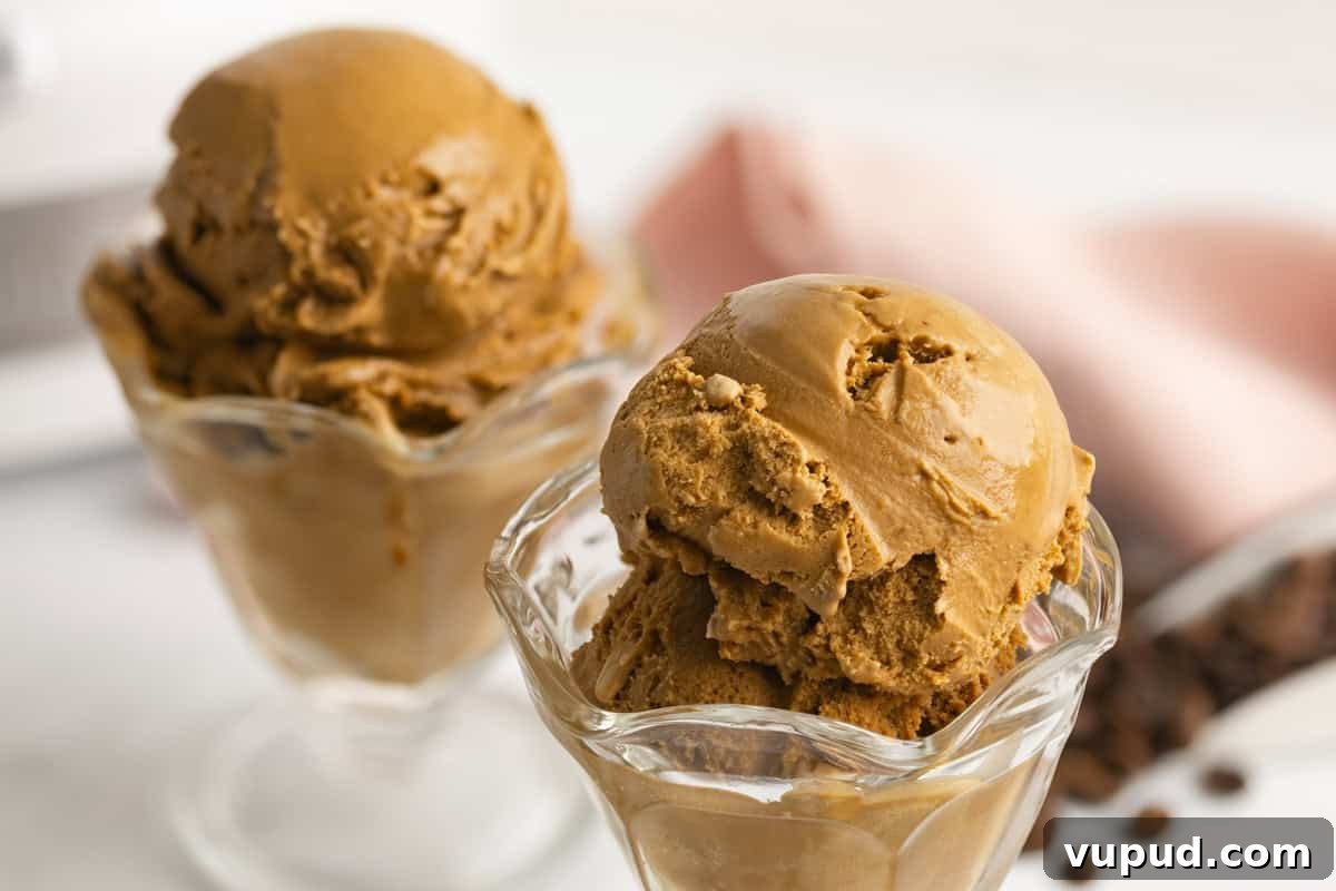 Homemade Espresso Ice Cream Recipe: Rich Coffee Gelato at Home 8 Espresso ice cream in clear glass dishes with espresso coffee beans scattered around them.