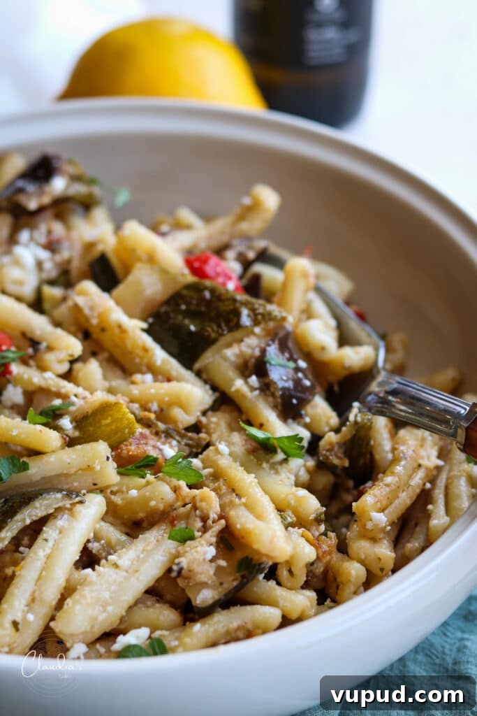 Grilled Vegetable Pasta with Feta and Lemon 4 grilled eggplant, zuchini, peppers and asparagus with pasta