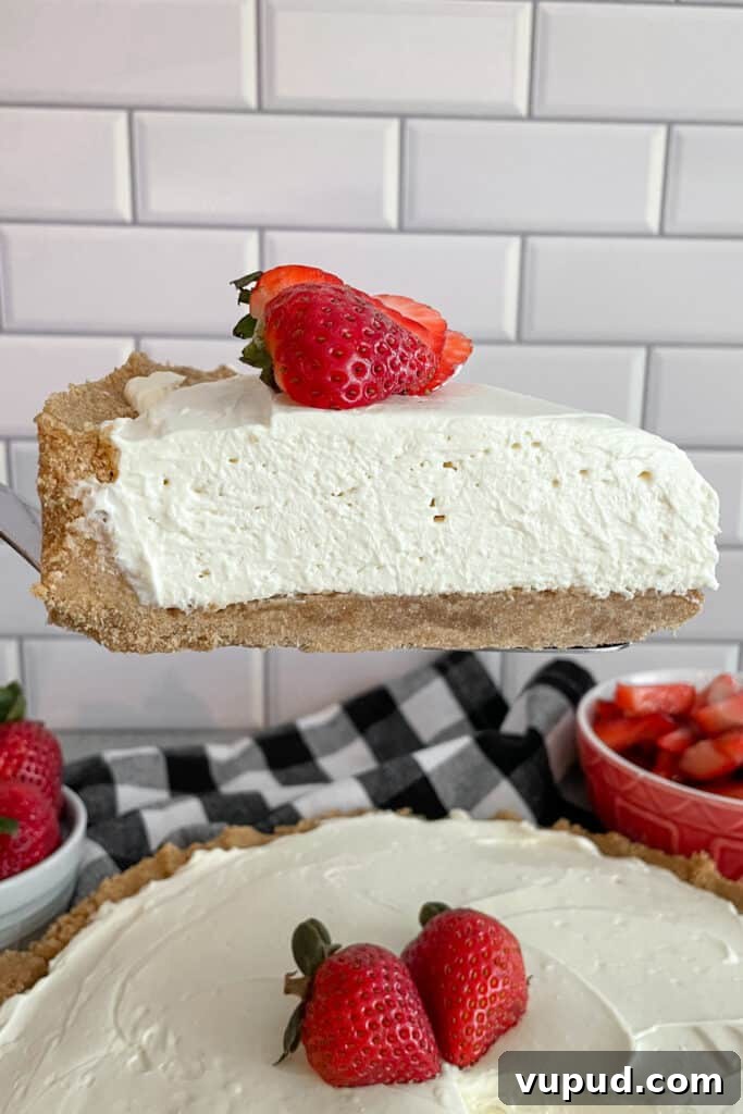 No-Bake Strawberry Cheesecake with Fresh Strawberries 3 close up shot of a slice of no-bake cheesecake that is topped with a sliced strawberry