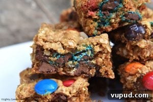 Chewy Monster Cookie Bars with M&Ms and Chocolate Chips 3 Monster Cookie Bars are a twist on the classic chewy peanut butter, oat and M&M cookies. They’re turned into bars to make them even denser!