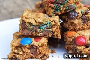 Chewy Monster Cookie Bars with M&Ms and Chocolate Chips 6 Monster Cookie Bars are a twist on the classic chewy peanut butter, oat and M&M cookies. They’re turned into bars to make them even denser!