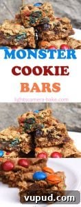 Chewy Monster Cookie Bars with M&Ms and Chocolate Chips 8 Monster Cookie Bars are a twist on the classic chewy peanut butter, oat and M&M cookies. They’re turned into bars to make them even denser!