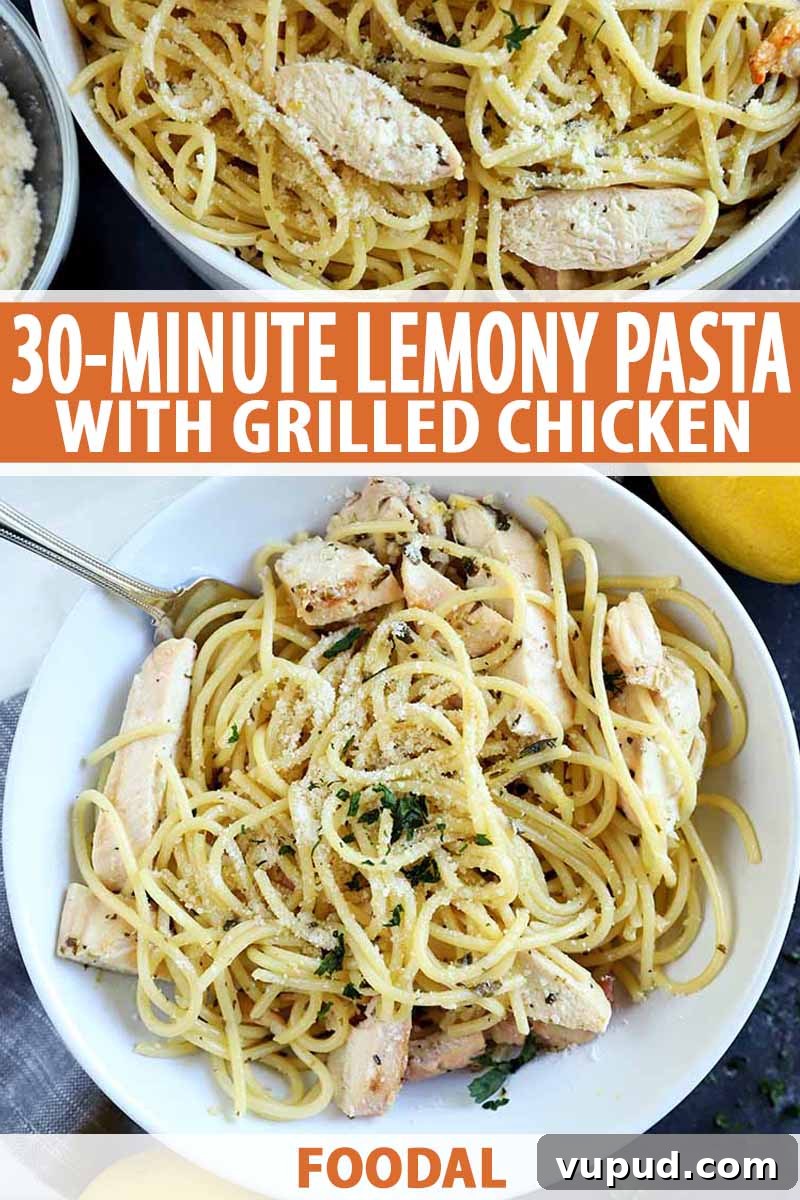 Vertical overhead image of two white ceramic dishes of spaghetti topped with sliced grilled poultry, with forks and an herb garnish, with a small bowl of grated cheese and a lemon, on a gray background, printed with orange and white text at the bottom and near the middle of the frame.