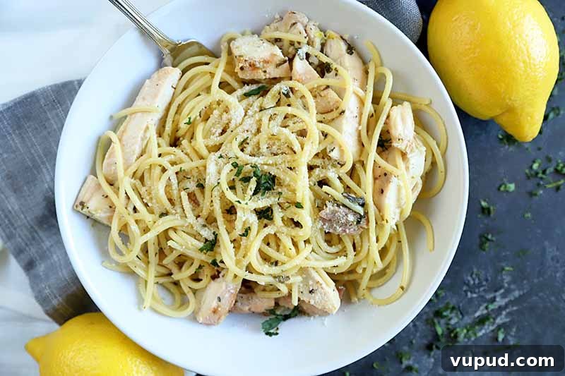 Overhead closely cropped horizontal image of a bowl of spaghetti with chicken, with two lemons on a white and gray cloth, on top of a dark gray surface.