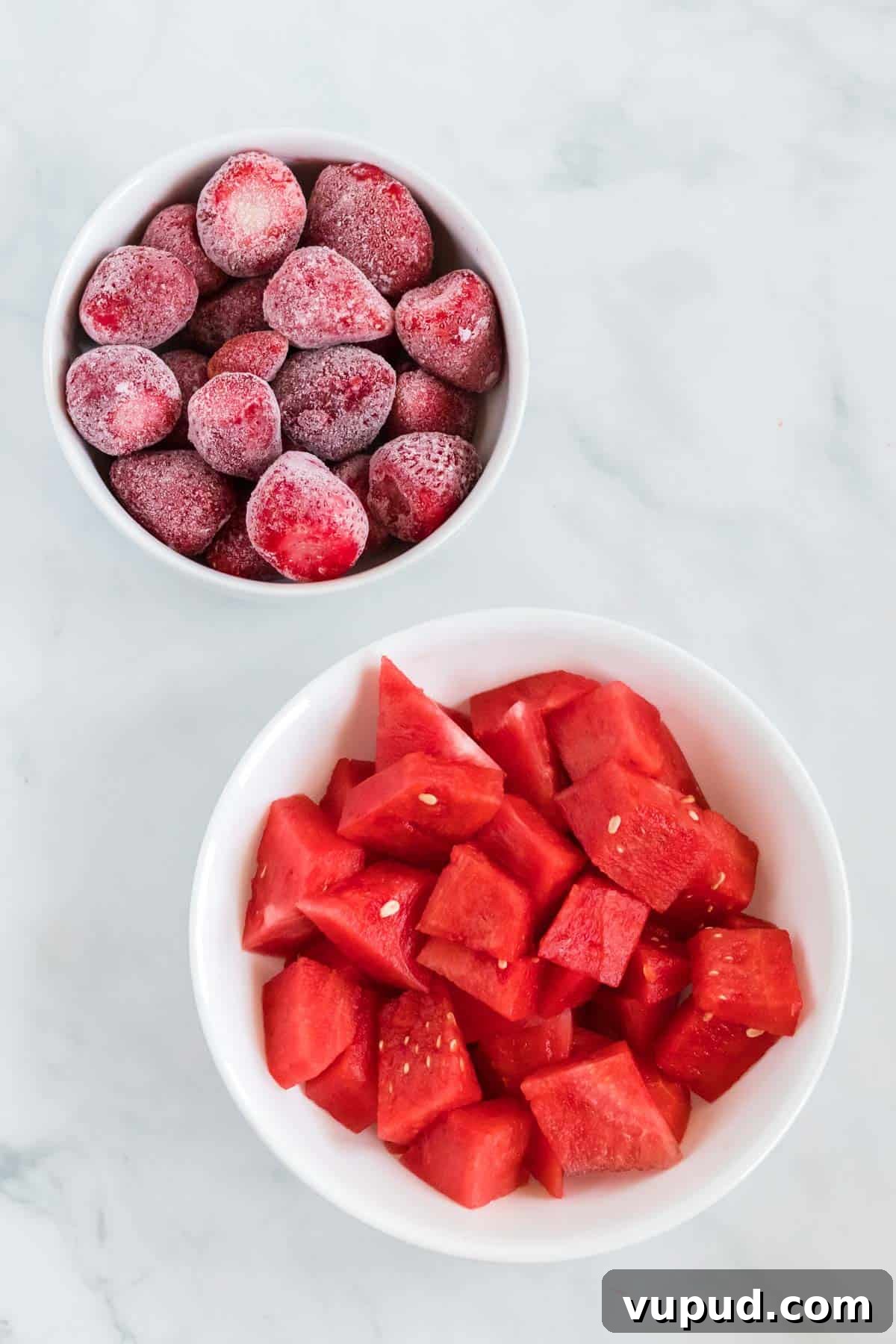Refreshing Strawberry Watermelon Smoothie Recipe for Summer 3 fresh watermelon and frozen strawberries in white bowls