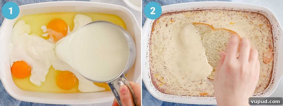 Make-Ahead Baked French Toast Casserole Recipe 6 Photo collage of cinnamon custard base made with eggs and milk to dip the bread in.