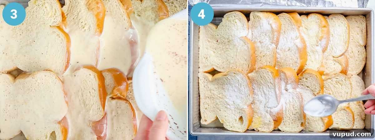 Make-Ahead Baked French Toast Casserole Recipe 7 Photo collage showing custard base being poured over the bread in a casserole pan and topped with sugar.