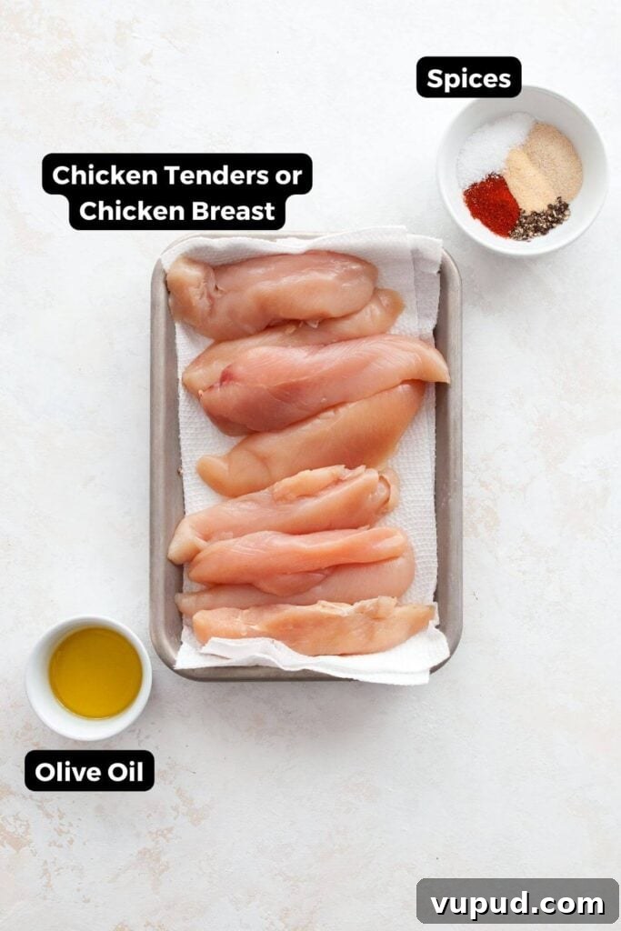 Crispy Air Fryer Chicken Tenders Without Breading 4 all ingredients in this recipe in small bowls with labels