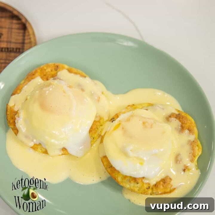 Eggs Benedict on blue plate