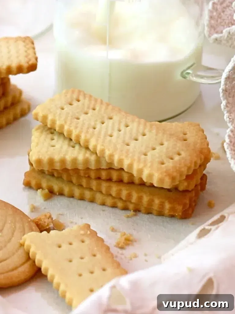 Classic Buttery Shortbread Cookies Recipe for Perfect Cookies 2 rectangle shortbread cookies piled up and served with milk