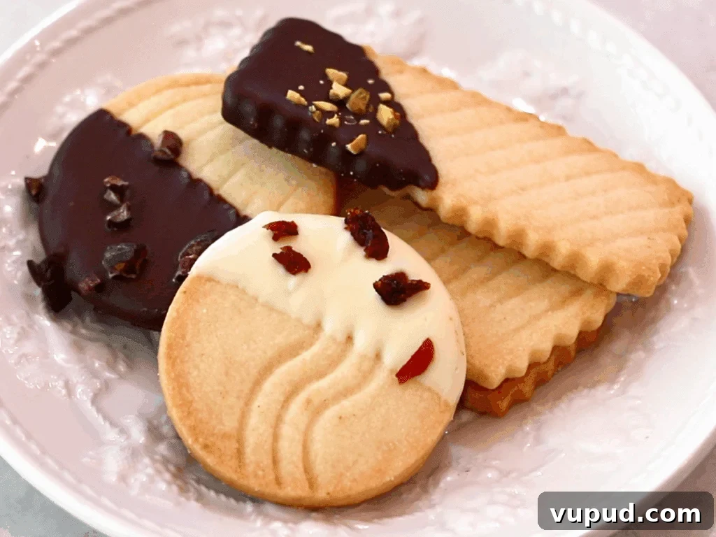 Classic Buttery Shortbread Cookies Recipe for Perfect Cookies 29 shortbread cookies coated with chocolate on a plate