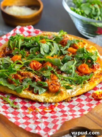 Tomato Confit Burrata and Arugula Pizza by Baking The Goods