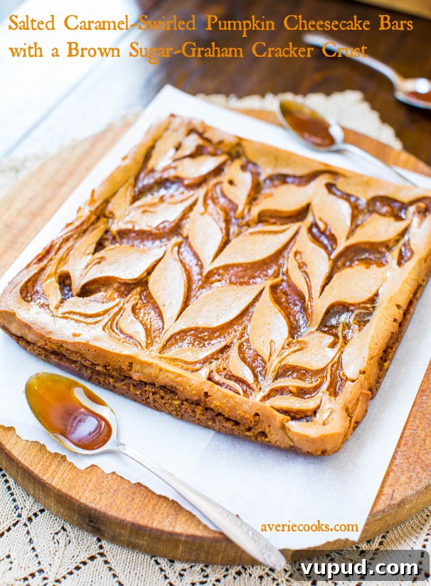 Classic New York Cheesecake Recipe: Creamy Oven-Baked Slice 37 Salted Caramel Pumpkin Swirl Cheesecake Bars.