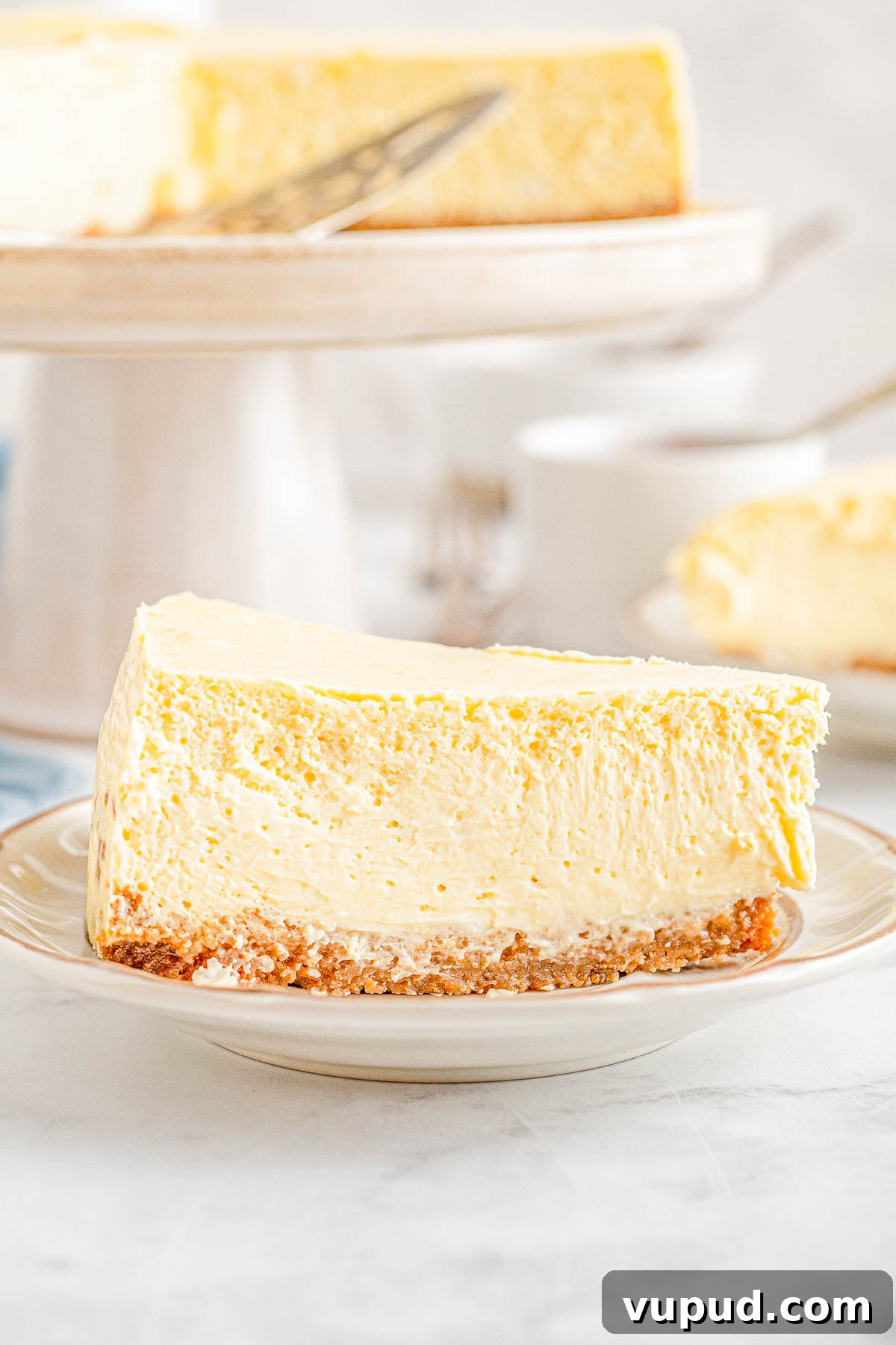 Classic New York Cheesecake Recipe: Creamy Oven-Baked Slice 7 A slice of classic cheesecake on a plate.
