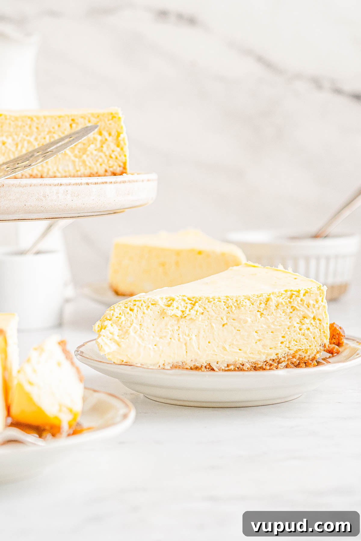 Classic New York Cheesecake Recipe: Creamy Oven-Baked Slice 9 Slices of classic New York cheesecake.
