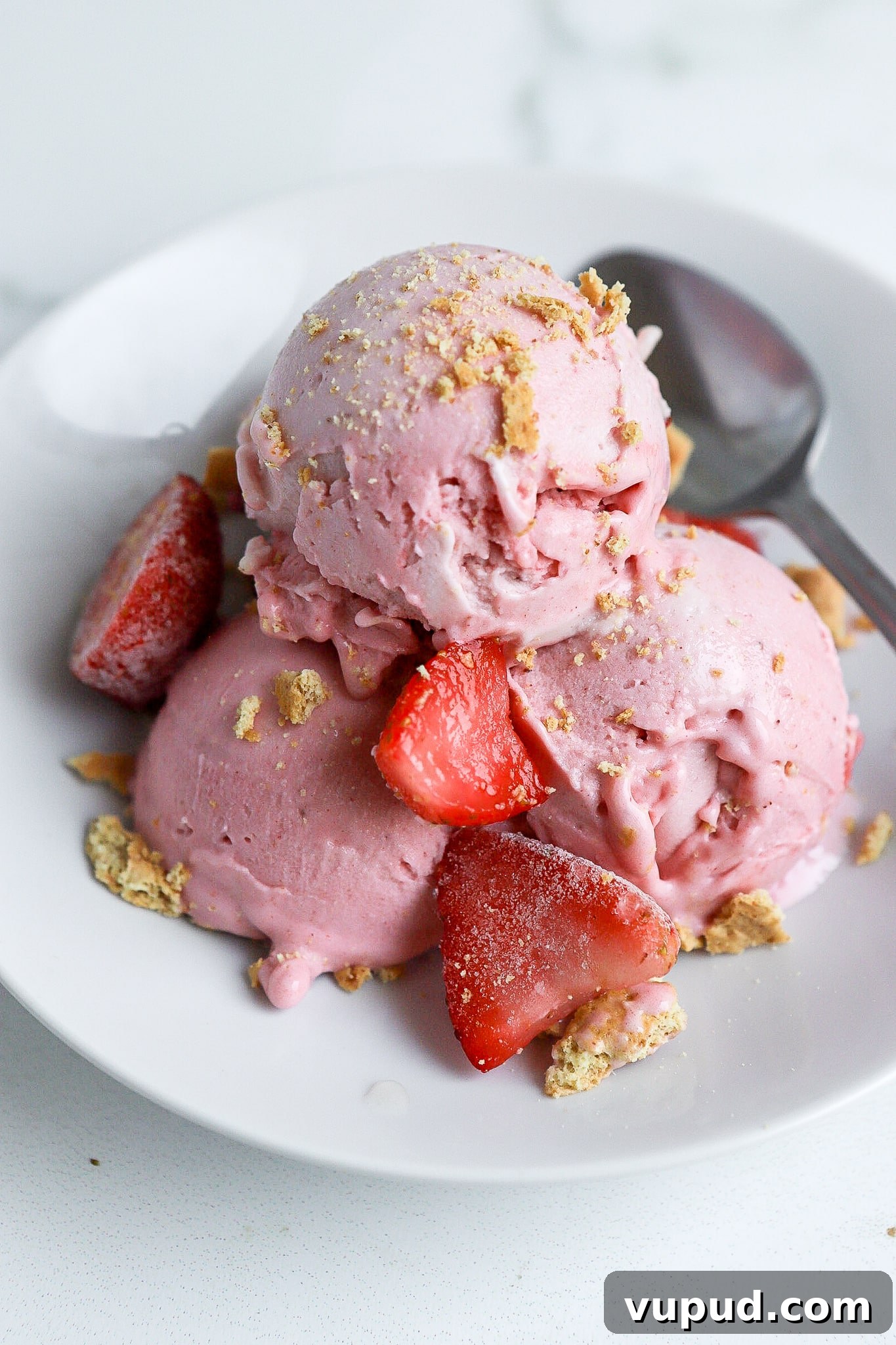 Strawberry Cheesecake Protein Ice Cream Recipe (Ninja Creami) 5 Close up shot of strawberry dessert recipe with graham crackers in a small bowl.